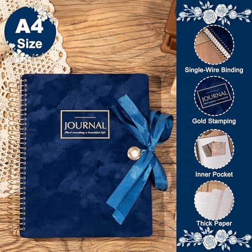 FLYING EAGLE 300 Pages Thick Spiral Notebook Journaling Notebooks Vintage Velvet Journal for Women Men A4 Lined Journals for Writing with Gift Box, 8.5 x 11in, Blue - Thumbnail 6