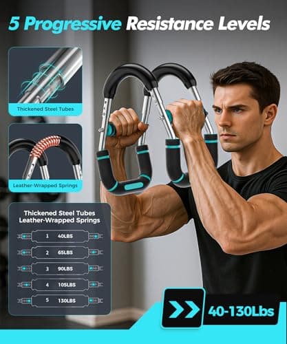 RENRUI Twister Arm Trainer Chest Workout Equipment for Men & Women, Adjustable 5 Resistance (40-130 lbs) Home Gym Strength Trainer with Anti-Slip Handles & Carry Bag (Blue) - Thumbnail 3