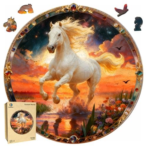 Wooden Puzzle for Adults, Sunset Horse Wooden Jigsaw Puzzle 200 Piece, Unique Shape Wooden Puzzles, Challenging Running White Horse Jigsaw Puzzles for Adults Family Game Night Wall Art Decor 11*11in