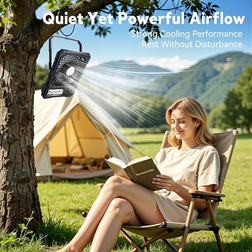 NAOIY Portable Fan, Camping Fan, 20000mAh 6-Inch 18-85H Rechargeable Ultra Thin Foldable with Built-in Power Bank, LED Light, Remote Control, Hook for Outdoor Camping Tent RV Travel (Khaki) - Thumbnail 5