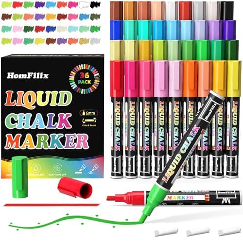 HomFilix 36-Color Liquid Chalk Markers Set, Erasable, Dust-Free, for Blackboard, Glass, Cars, Windows - Ideal for Display, Creativity, Art Projects, Dry Erase Markers - Image 1