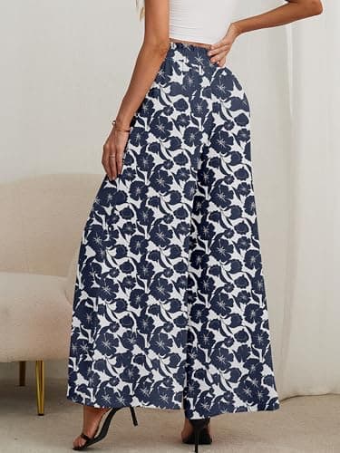AusLook Women's Wide Leg Dress Pants with Pockets Peony Silhouett Medium Lightweight Elastic High Waisted Adjustable Tie Knot Flowy Loose Slacks Lounge Casual Ladies Beach Pleated Trousers - Thumbnail 5