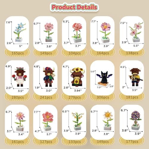 6 Set Flowers and Animal Building Blocks Blind Box -5 Flowers & 1 Animal (Highland Cow or Black Cat) Random Building Sets,A CreativeToy for Kids & Adults,Great for Desks or Farm Decor,Gift Ages 6+ - Thumbnail 5