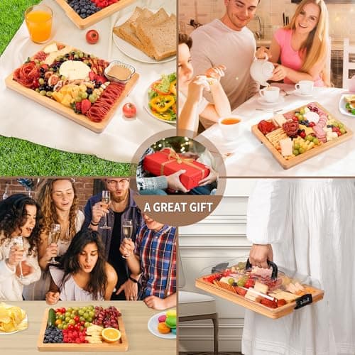 CAWIU Charcuterie Board with Lid and Handle - Portable Travel Design Bamboo Cheese Board Set with 4 Cheese Tools, Gift for Housewarming, Weddings, Picnics(1 Compartment, Black) - Thumbnail 6