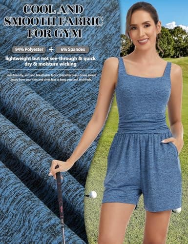 SLIMBELLE Built In Bra Athletic Rompers For Women Summer Square Neck Adjustable Strap Pleated Waist Pockets Short Jumpsuit One Piece Outfits BLUE 2XL - Thumbnail 6