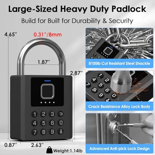 Keylesslife Smart Fingerprint Padlock with Code,Heavy Duty Combination Lock with Key,Bluetooth APP Control Gym Locker Lock Weatherproof Padlock for Shed Gate Fence Truck School Locker - Thumbnail 5