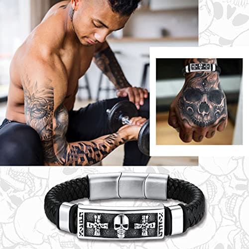 Bestyle Punk Mens Leather Skull Bracelets for Men Cool Stainless Steel Sketelon Cross Braided Leather Cuff Bracelets with Clasp Adjustable, Men Fashion Wrist Jewelry, Size 21-23cm - Thumbnail 3