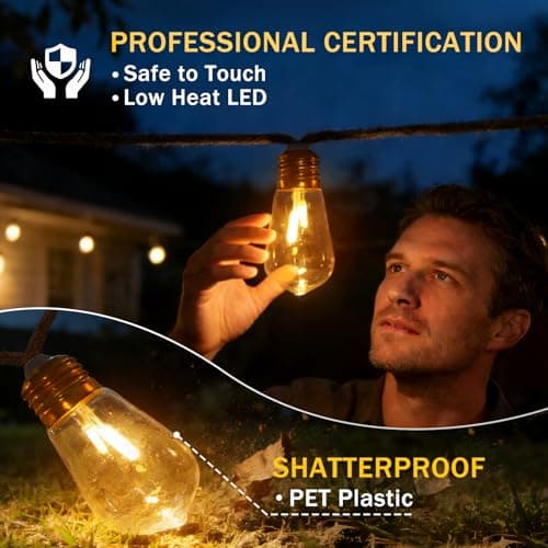 (New) Outdoor String Lights, 24FT 20 LED Hanging Bulbs Lights, IP65 Waterproof 8 Modes Plug-in Shatterproof Patio Globes Lights with Rope Hemp String for Backyard Balcony Camping Bistro - Warmwhite - Thumbnail 3