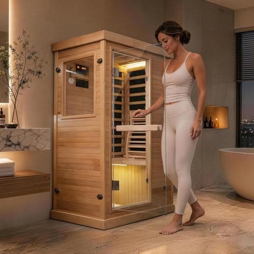 Mikolo 1 Person Far Infrared Sauna for Home | Ultra-Low EMF Indoor Dry Sauna | Solid Canadian Hemlock with 5 Carbon Heaters | Chromotherapy Light Therapy & Bluetooth for Wellness and Relaxation - Image 1