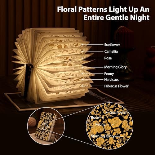 ZBOLE Floral Print Book Light,3-Color Book Lamp Book Lovers Gifts | 1200mAh Portable Foldable Paper Desk Lamp | Night Reading Bookshelf Lamp,Valentine Ambient Lighting Decorations Gifts(Black Gold) - Thumbnail 2