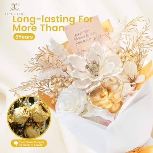 TINGE TIME Preserved Flowers Bouquet, Platinum Faux Rose Bouquets, Eternal Roses Bouquet for Wedding, Table Centerpieces, Mothers Day, Birthday Gifts, Anniversary, Graduation(White & Gold) - Thumbnail 6
