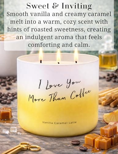 Vanilla Caramel Latte Scented Soy Candle - Large 3-Wick Latte Candle for Home, 15.8oz - I Love You More Than Coffee Quote - Birthday Gift for Coffee Lovers - Thumbnail 2