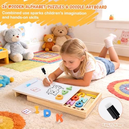 LIOKLICK 4-in-1 Magnetic Color and Number Maze Toys Box with Alphabet Puzzles Drawing Board, Wooden Storage Montessori Toy for 3-5 Year Old, Toddlers Educational Learning Toy Gifts for Kids Boys Girls - Thumbnail 4