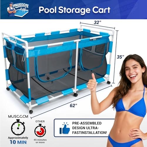 MUSCCCM Pool Float Storage Organizer 288 Gallon Pool Storage Bin - Easy Assembly Mesh Rolling Cart with Ample Space for Noodles,Water Sports Gear & Towels Outdoor Poolside & Lawn (62"x32"x35") - Thumbnail 2