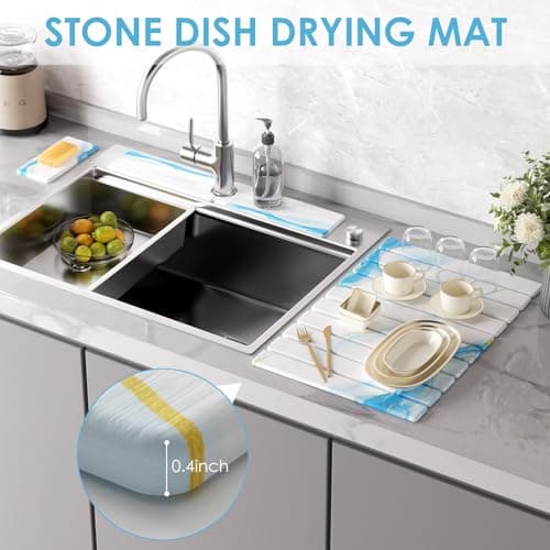 4-Piece Large Stone Dish Drying Mat for Kitchen Counter, 24"x16" Super Absorbent Diatomaceous Earth Drying Mat Set with Faucet Mat & Small Utility Mat, Rollable Quick Dry Pad for Dishes, Cups, Bottles - Thumbnail 2