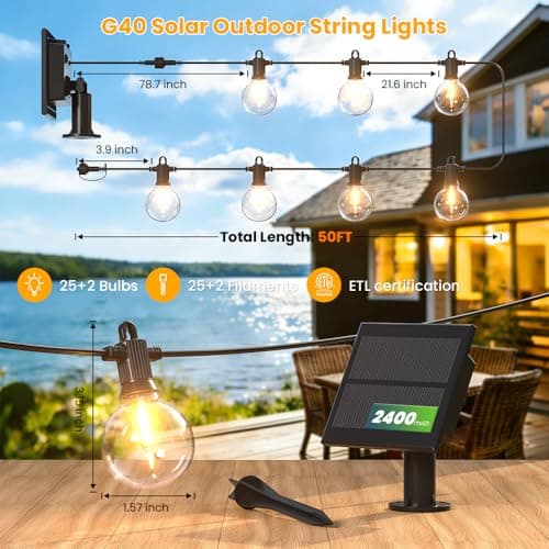 50FT Solar String Lights Outdoor Waterproof IP65 with USB-Charging , Solar Powered LED Patio Lights with 25+2 Shatterproof G40 Globe Bulbs, Hanging Lights for Outside Backyard Garden Bistro Gazebo - Thumbnail 2