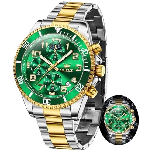 OLEVS Male Green Watches Chronograph Luxury Dress Moon Phase Numeral Stainless Steel Waterproof Luminous Business Casual Wrist Watch - Image 1