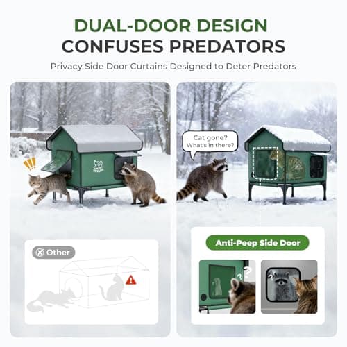 Apasiri Outdoor Cat House Weatherproof – Insulated Feral Cat Shelter with Heating Pad, Water Resistant 900D Oxford, Anti-Peep Curtains & Escape Door, Elevated Design for All Seasons, Small - Thumbnail 4