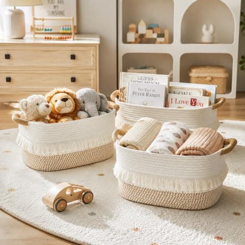 BUBUSUN Woven Baskets, 3-Pack Storage Basket for Living Room, Bedroom, Nursery, Stylish Gift Basket with Handles, Cotton Rope Basket for Toys and Shelves, Multi-Purpose Organizer (White/Brown) - Thumbnail 2