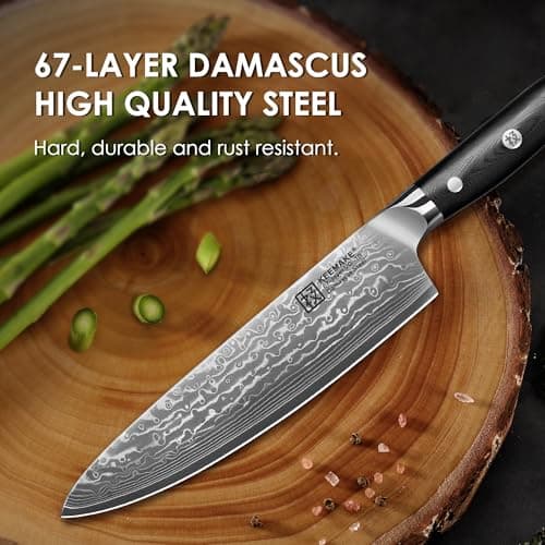 KEEMAKE Damascus Chef Knife, 8 Inch Kitchen Knife, 67 Layers Damascus Knife Professional Kitchen Knives with Japanese VG10 Core, Sharp Chefs Knives with Ergonomic G10 Handle - Thumbnail 4