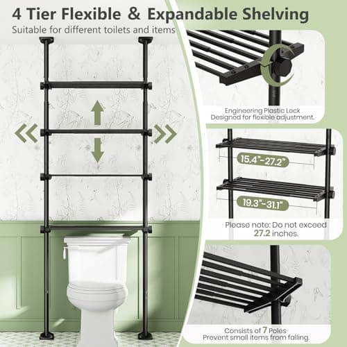 Bonpally Over The Toilet Storage Shelf, 4-Tier Adjustable Bathroom Organizer, No Drill Tension Mounted Shelves, Space-Saving Bathroom Cabinet Rack Above Toilet for Small Rooms, Black - Thumbnail 4