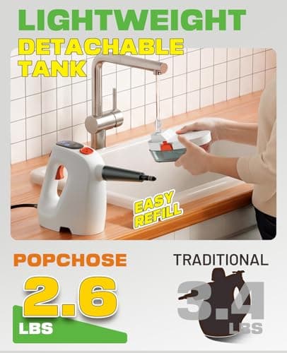 POPCHOSE Steam Cleaner with Detergent Dispenser, 15s Heat-Up Handheld Steam Cleaner for Home, 500ml Removable Water Tank, Lightweight Portable Steamer for Cleaning Grout, Windows, Kitchen, Easy Refill - Thumbnail 3