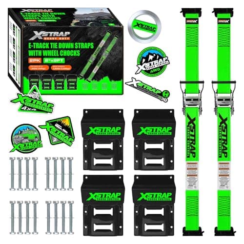 XSTRAP STANDARD Wheel Chock E-Track Tie Down Straps Kit, 2 Pack 2’’ x 9FT Over-The-Tire Ratchet Straps with Steel Wheel Chocks, 1466 lbs WLL for ATV, UTV, Lawn Mower, Trailer Hauling, Green - Image 1