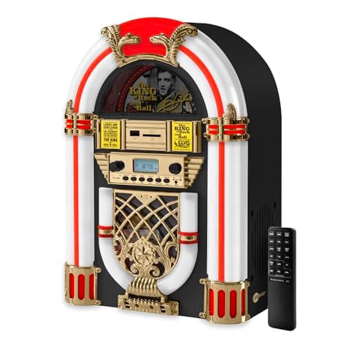 Arkrocket Athena Mini Jukebox/Tabletop CD Player/Bluetooth Speaker/Radio/USB and SD Card Player with Retro LED Lighting System (Black Golden)