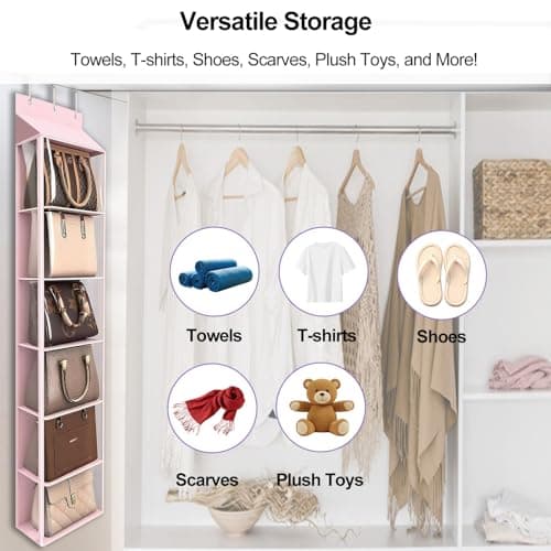 Lirex Over The Door Purse Organizer & Purse Shelf for Closet – Handbag Storage Organizer with Purse Hanger. Perfect for Scarves, Hats, and Leggings. S (11.8'' x 5'' x 51.6''), Pink - Thumbnail 5