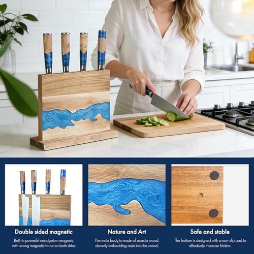 Magnetic Knife Holder - Double-Sided Blue Resin & Acacia Wood, River Design Knife Stand, 12.6 × 9.85 Inches (Knives Not Included) - Thumbnail 6
