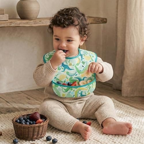 CIVARUA KIDS 3-Pack Waterproof Baby Bibs for Eating - Mess Proof Lightweight Toddler Feeding Bibs with Large Food Catcher, Food-Grade Baby Eating Essentials, Easy to Put On & Clean(Green Animals) - Thumbnail 2