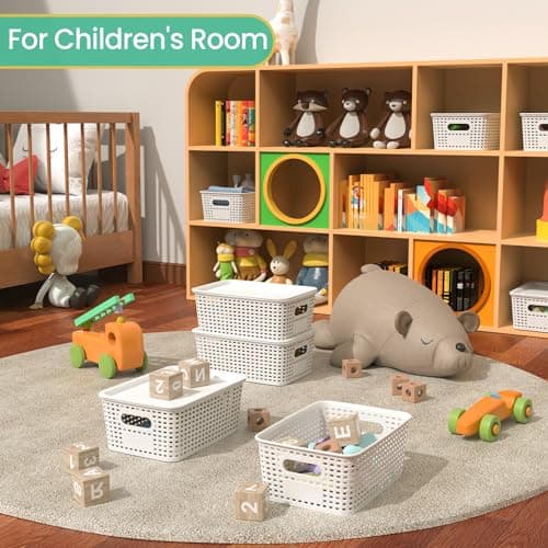 Ohmlove Plastic Storage Baskets with Lid - Plastic Storage Containers Stackable Storage bins: Storage Baskets for Organizing Shelves Drawers Desktop Closet Playroom Classroom Office, 8 Pack-White - Thumbnail 5