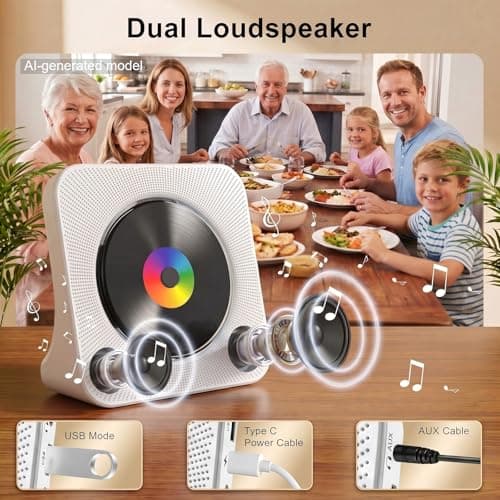 Gueray CD Player Portable Bluetooth Desktop CD Player for Home with Timer Built-in HiFi Speakers with LCD Screen Display Boombox FM Radio USB Type-c (White) - Thumbnail 3