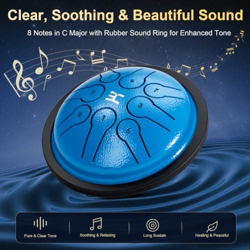 EX Steel Tongue Drum UFO Shape Design, Space Story Gift Set with Book & Stickers, 5.3 Inch 8 Notes Rain Drum for Outside Garden, Musical Instruments for Kids Adult Gift, Calming Drum, Blue - Thumbnail 5