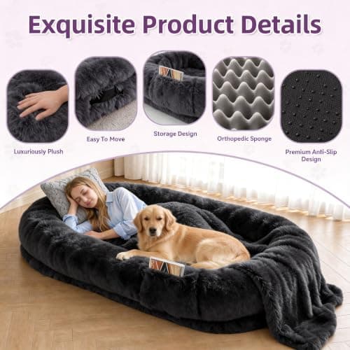 Human Dog Bed - 71''x45''x12'' Size Fits You and Pets, Washable Faux Fur Pet Bed for People Doze Off, Napping Orthopedic Dog Bed, Present Plump Pillow, Blanket, Strap - Dark Grey - Thumbnail 3