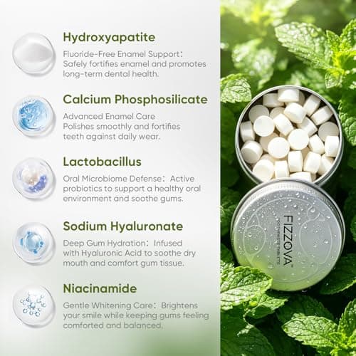 FIZZOVA Toothpaste Tablets with CalciumPhosphosilicate&Hydroxyapatite,Fluoride Free ChewableToothpaste,Plastic Free Travel Size Toiletries,Whitening Dental Cleaning Tablets,30 Count Mint - Thumbnail 3