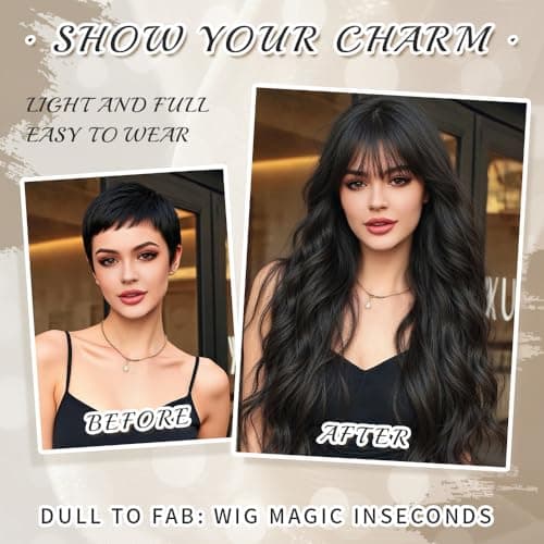 Potoki Long Wavy Black Wig With Bangs Synthetic Fiber Curly Wigs For Women 26 Inch Thick Soft Skin-Friendly Natural Looking Daily Use Heat Resistant Glueless Wig (Black) - Thumbnail 3