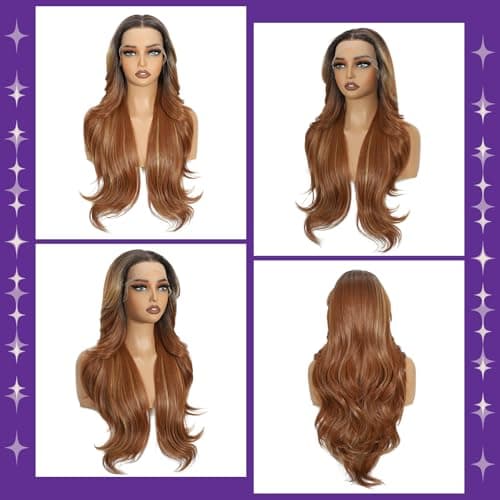 Sotpmal 13x4 HD Lace Front Wigs for Women, Ombre Brown Highlight Long Layered Wavy Glueless Synthetic Wig, Natural Hairline Premium Heat Resistant, Throw and Go Beginner Friendly Daily Wear 26 Inch - Thumbnail 4