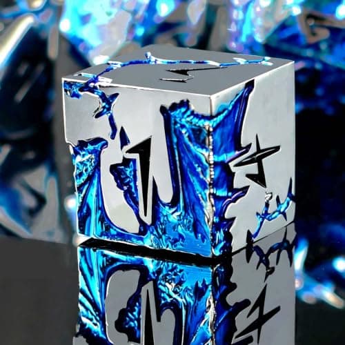 D&D Metal Dice Set, 7 Die Weighted Polyhedral Dice for Dungeons and Dragons and Pathfinder, Blue Dragon Engraved RPG Dice with Easy Read Numbers & Protective Gift Box for Tabletop Role Playing Games