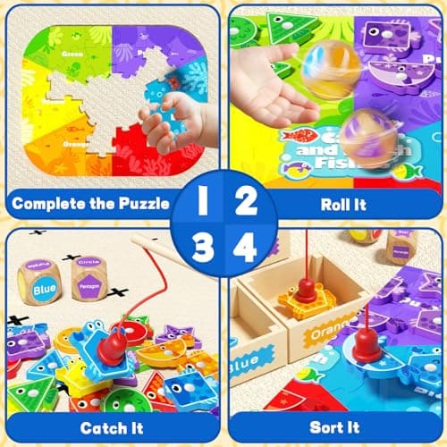 edutree Montessori Toys for Toddlers 1-3, Magnetic Fishing Game for Kids 2-4, Color & Shape Sorter Educational Learning Toys with Wooden Box & Puzzle for Boys Girls 3-5 - Thumbnail 2