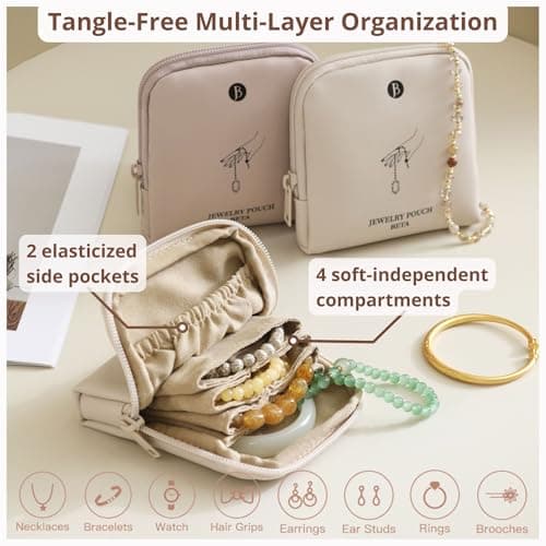 tianzong Small Travel Jewelry Case, Bridesmaid Gifts, Tangle-Free Jewelry Pouch Bag with Gift Box, Waterproof PU Jewelry Organizer for Valuables (Pink, Single Zipper) - Thumbnail 3