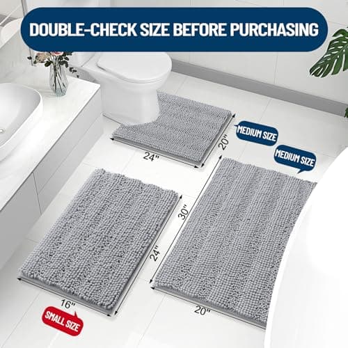 Grandaily Chenille Striped Bathroom Rugs 36x24, Extra Thick and Absorbent Bath Mats, Non-Slip Soft Plush Shaggy Shower Carpet, Machine Wash Dry, Bath Rug for Bathroom, (Large, Light Grey) - Thumbnail 2