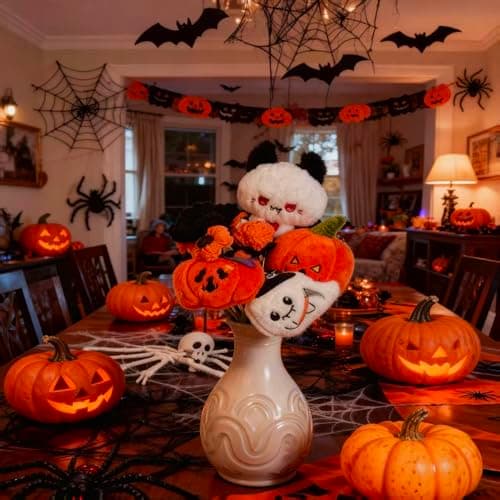 FLOLVISOU Halloween Crochet Bouquet Handmade Black and Orange Floral Arrangement with Plush Pumpkins and Ghosts Home Table Decor Unique Gift for Women and Kids - Thumbnail 3