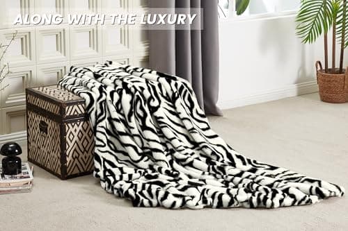 JONIYEAR Soft Fluffy Zebra Print Faux Rabbit Fur Throw Blanket 50" x 60", Luxury Cozy Shaggy Fuzzy Blankets, Reversible Cute Warm Animal Printed Blanket for Women Winter,Washable,Cream White and Black - Thumbnail 5