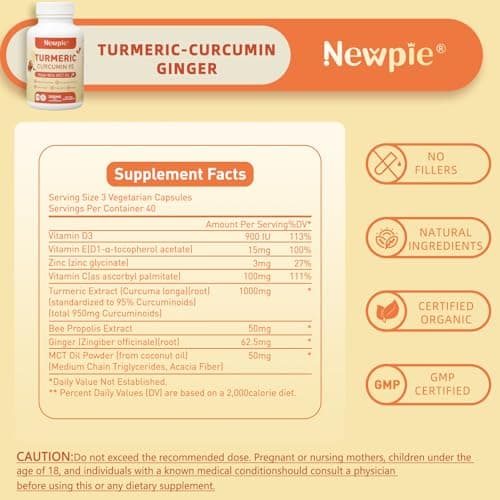 Turmeric Curcumin Supplement with MCT Oil 50mg,120 Capsules 1000mg Turmeric Extract 95% Curcuminoids,Fat Soluble Vitamin C,Bee Propolis, Ginger,Vitamin D3,Zine,Non-GMO, Gluten Free (2) - Thumbnail 2