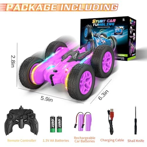 Terucle Remote Control Car, Rc Cars Stunt RC Car Toys New Upgraded Strip Lights and Headlights Girl Toys Double-Sided 360° Rotating 4WD Drift Truck for Boys Girls Birthday Gift (Purple) - Thumbnail 6