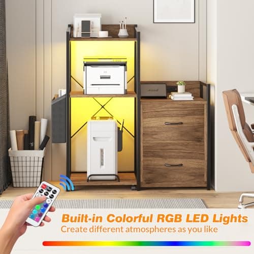 Garvee 2 Drawer File Cabinet, Filing Cabinet Fits Letter/a4 Size, Large Printer Stand with Storage, Printer Cabinet for Home Office with Power Strip, LED Lights, Open Shelf - Thumbnail 4