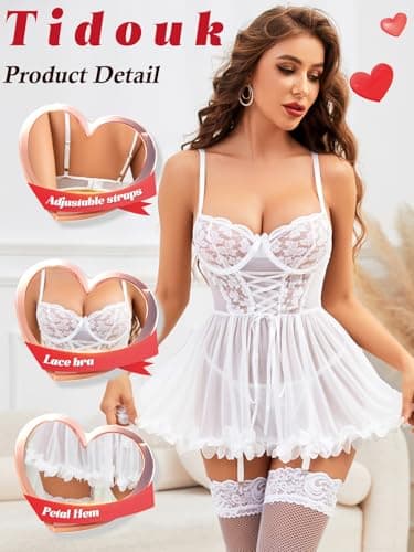 Tidouk Bridal Lingerie Mesh Sexy Wedding Lingerie for Bride Lace Baby Doll Lingerie Dreess with Garter(White,Medium) - Thumbnail 3