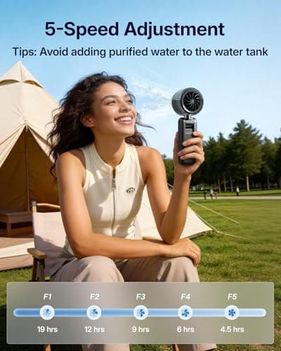 Bearwind Misting Fan Portable - Handheld Turbo Fan with Cool Mist Spray, 4000mAh Rechargeable, 5 Speeds, Personal Foldable Water Mister for Summer Travel, Beach & Outdoor Essentials - Black - Thumbnail 6