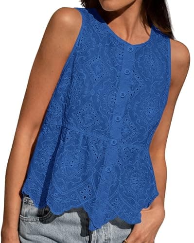 BTFBM Womens Tank Tops 2026 Summer Casual Sleeveless Button Down Shirts Embroidered Eyelet Blouse Beach Vacation Clothes(Blue, Large) - Image 1